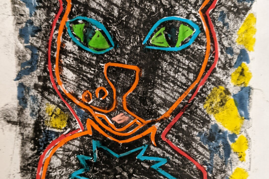 coloured linocut cat 2024