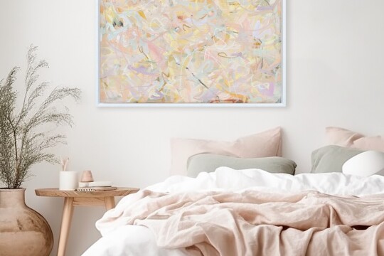 Charlotte Keating Love Letters Pink Yellow Abstract Painting Breathless Canvas in bedroom