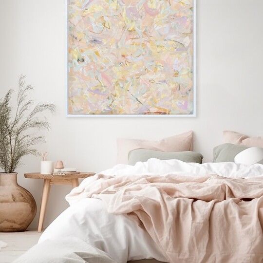 Charlotte Keating Love Letters Pink Yellow Abstract Painting Breathless Canvas in bedroom