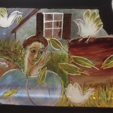 Detail from window telling a story