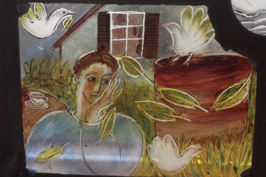 Detail from window telling a story