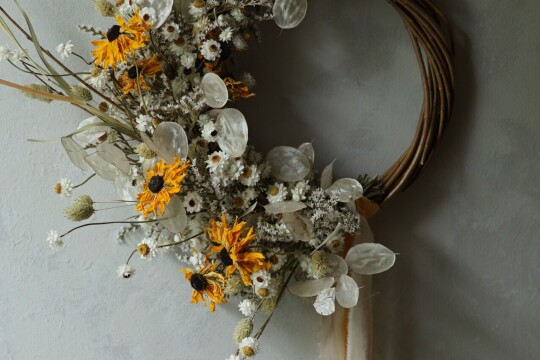harebell and bee rudbeckia and white wreath
